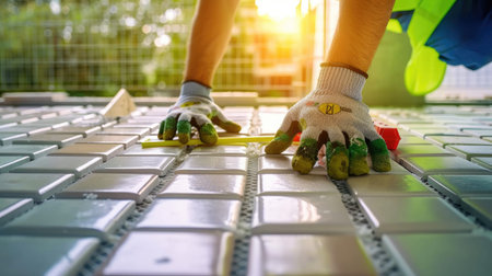 A close-up view of a construction worker laying tiles on the floor, showcasing hands in gloves. The image captures the focus on craftsmanship during sunset.の素材