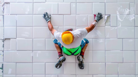 A dedicated worker meticulously applies white tiles on a wall in a construction site. The image captures precision, tools, and techniques used in the tiling process.の素材