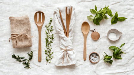A beautifully arranged collection of rustic kitchen tools and fresh herbs set on a textured cloth background, ideal for culinary inspiration and home-cooking aesthetics.の素材