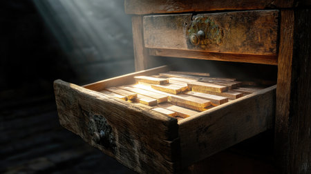 A beautifully aged wooden drawer partially open, revealing neatly arranged wooden blocks illuminated by soft sunlight, creating a warm and inviting atmosphere.の素材