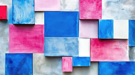 Explore this vibrant abstract background featuring geometric shapes in blue, pink, and white. Perfect for art projects, design, and creative inspiration.の素材