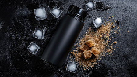 A sleek black insulated bottle is placed on a dark surface, surrounded by ice cubes and brown sugar, conveying a refreshing beverage theme.の素材