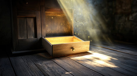 An open wooden drawer reveals enchanting light rays and sparkles, creating a magical atmosphere in a dark interior space. Ideal for creative projects.の素材