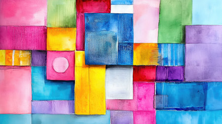 A vibrant abstract composition featuring geometric shapes in a mix of colors including pink, blue, yellow, and green. Perfect for design projects and decor.の素材