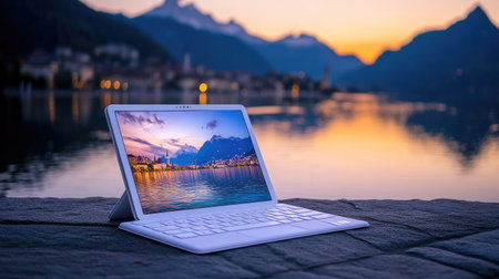 A picturesque scene featuring a laptop positioned on a stone surface, displaying a stunning landscape at sunset near a tranquil lake surrounded by mountains.の素材