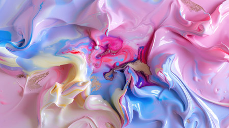 This vibrant abstract artwork features colorful swirls of pastel paint, highlighted by glossy textures and golden accents, perfect for creative projects.の素材