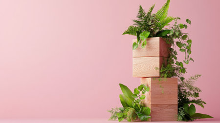This image features elegantly stacked wooden planters filled with a variety of lush green plants, set against a soft pink background, perfect for enhancing modern interior spaces.の素材
