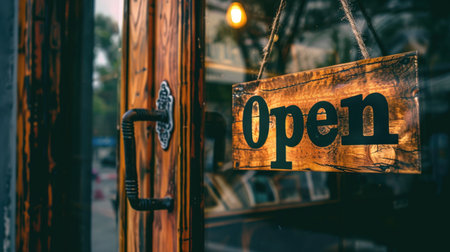 A charming rustic wooden "Open" sign hangs from an entrance door, inviting customers into a cozy shop. The warm ambiance and blurred background create an inviting atmosphere for business.の素材