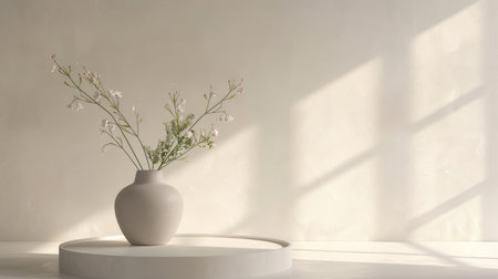 A serene and elegant still life featuring a simple vase holding delicate flowers, set against a softly lit neutral backdrop, perfect for minimalistic decor.の素材