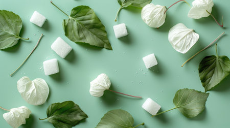 This visually appealing flat lay features fresh leaves and sugar cubes arranged on a mint green background, ideal for food and wellness themes.の素材