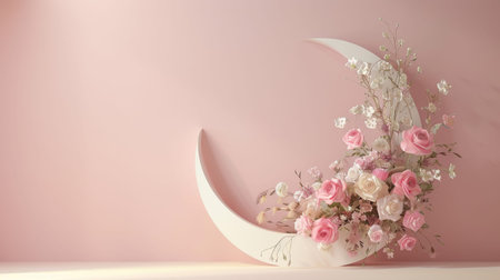A stunning floral arrangement featuring roses and delicate blooms gracefully placed on a moon-shaped design, set against a soft pink background.の素材