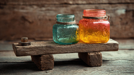 A charming vintage wooden cart features two colorful glass jars, one turquoise and one orange, set against a rustic table background, perfect for home decor inspiration.の素材