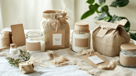A collection of rustic, eco-friendly packaging showcasing handmade beauty and wellness products, perfect for a serene and natural lifestyle aesthetic.の素材