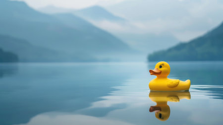 A charming yellow rubber duck floats serenely on a calm lake, surrounded by misty mountains. This playful scene captures the essence of relaxation and nostalgia.の素材