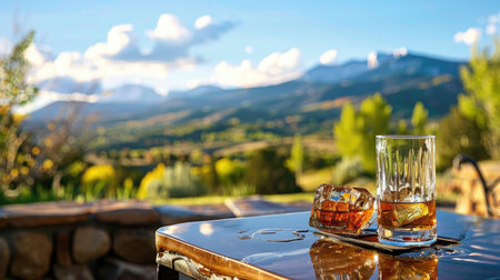 A stunning view of mountains complements a glass of whiskey resting on a wooden table. This serene setting invites relaxation and enjoyment in nature's beauty.の素材