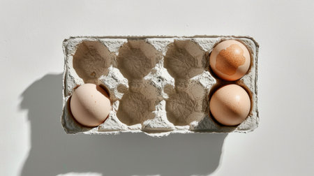A visually appealing arrangement of fresh organic eggs in a cardboard container on a clean white backdrop, showcasing natural textures and shadows.の素材
