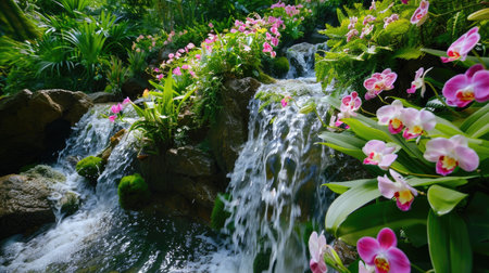 Discover the beauty of a vibrant tropical oasis featuring a cascading waterfall, surrounded by lush green plants and enchanting pink orchids.の素材