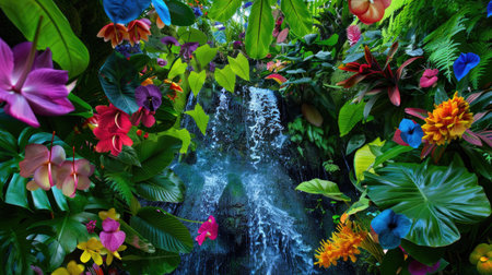 A stunning tropical scene featuring a mesmerizing waterfall blanketed by colorful flowers and lush green foliage, creating a serene and vibrant environment.の素材