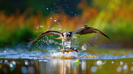A stunning portrait of an osprey diving into the water to catch a fish, surrounded by lush greenery and colorful reflections, capturing the essence of wildlife.の素材