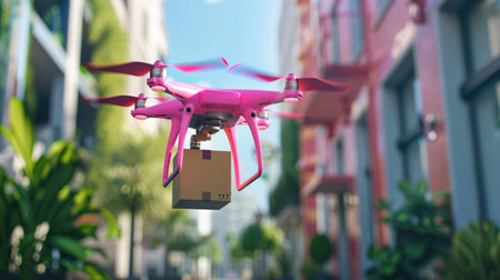 A vibrant pink drone transports a package through a bustling urban landscape filled with greenery and modern architecture, showcasing innovation in delivery technology.の素材