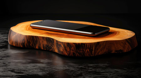 A sleek smartphone rests elegantly on a polished wooden slab, showcasing the harmony between modern technology and natural materials in a stylish composition.の素材