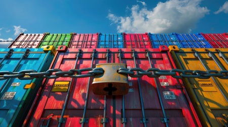 Vibrant array of shipping containers secured with a heavy chain and lock, set against a picturesque blue sky with fluffy clouds, ideal for logistics themes.の素材
