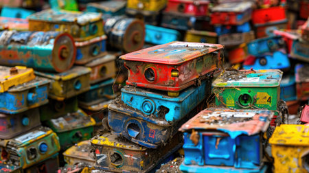 A striking image of colorful abandoned metal boxes, showcasing the beauty of decay and neglect in an industrial setting, revealing vibrant contrasts.の素材
