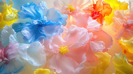 A stunning arrangement of pastel flowers in soft focus, creating a serene and colorful backdrop. Ideal for prints, decorations, and creative projects.の素材