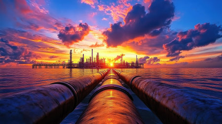 A stunning industrial sunset scene featuring large pipes leading toward a refinery, set against a vibrant sky with colors blending beautifully.の素材