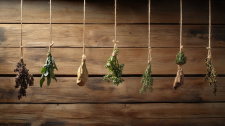 This image features an array of freshly dried culinary herbs elegantly hanging on twine against a rustic wooden backdrop, perfect for enhancing kitchen decor and culinary creativity.の素材