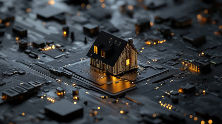 A unique blend of technology and architecture, this image showcases a small house model on a circuit board, illuminated by glowing lights, symbolizing innovation.の素材