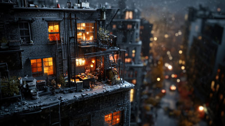 A charming rooftop scene showing a cozy space filled with warm lights, surrounded by snow in a bustling urban environment. The inviting atmosphere combines nature and city life beautifully.の素材