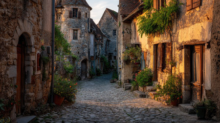 A stunning view of a quaint cobblestone street in a historical village, illuminated by the warm glow of the sunset. This picturesque scene captures rustic charm and tranquility, making it ideal for travel enthusiasts and nature lovers.の素材