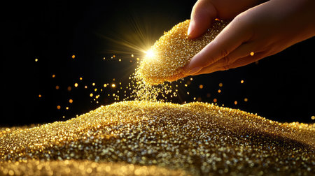 A captivating image of a hand pouring shimmering gold particles over a mound of golden sand, creating an enchanting and vibrant spectacle of light and texture.の素材