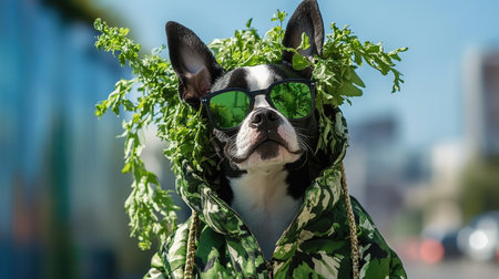 A fashionable dog wearing sunglasses and adorned with fresh greenery poses confidently in a vibrant urban setting, showcasing a playful personality.の素材