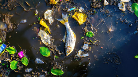 A lone fish floats on the surface of heavily polluted water, surrounded by plastic waste and debris. This image captures the stark beauty and tragedy of environmental degradation, urging awareness and action.の素材