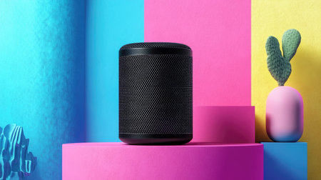 A striking modern wireless speaker sits elegantly on colorful geometric blocks. The vibrant combination of pink, blue, and yellow enhances the stylish atmosphere.の素材