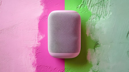 A modern wireless speaker placed centrally on a vibrant pink and green textured background. This image captures the essence of sleek design and audio enjoyment for tech enthusiasts.の素材