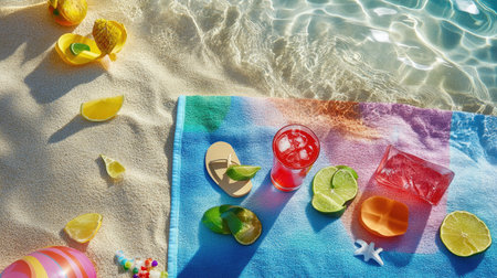 A vibrant portrayal of summer featuring refreshing drinks, bright citrus fruits, and a colorful towel on soft sand, perfect for relaxation and leisure.の素材
