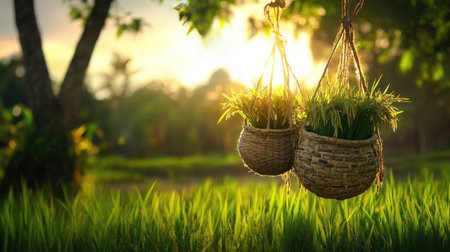 Elegant hanging baskets filled with vibrant green plants create a peaceful scene in a lush rice field at sunrise, celebrating natural beauty.の素材