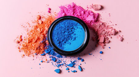 This image showcases vibrant colored powders in blue, pink, and orange scattered artistically around a container against a soft pink background. Perfect for creative projects.の素材