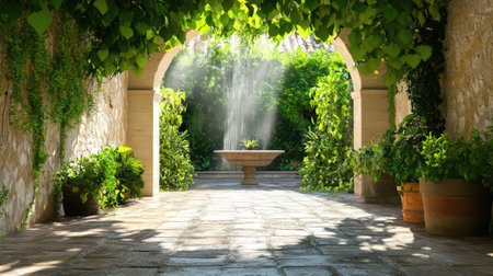 This image showcases a tranquil garden archway adorned with lush greenery and a serene fountain, creating a peaceful outdoor retreat bathed in sunlight.の素材