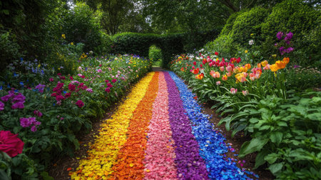 A breathtaking view of a vibrant pathway made of colorful flower petals, leading through a lush garden. Surrounded by a rich array of blooming flowers, this scene captures the essence of nature's beauty and tranquility. Perfect for conveying a sense of peace and joy.の素材