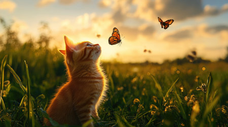 A charming scene featuring a playful orange tabby cat gazing up at vibrant butterflies in a sunlit meadow, capturing a moment of curiosity and wonder.の素材