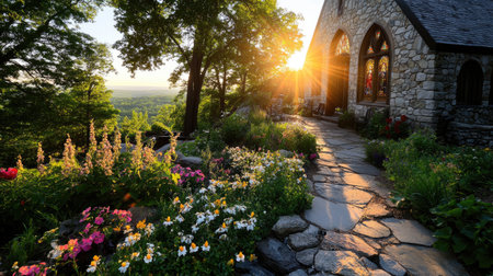 A picturesque stone chapel nestled among lush green trees, featuring vibrant flowers along the pathway, illuminated by the soft glow of sunrise.の素材