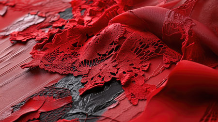 This image features an exquisite arrangement of intricate red lace entwined with soft fabric, layered over a striking black background. The detailed textures highlight the artistry and elegance of fabric design, making it ideal for fashion, decor, or textile-related projects.の素材