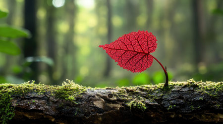 A striking red leaf delicately perched on a moss-covered log in a tranquil forest setting, surrounded by a blurred background of vivid green foliage.の素材