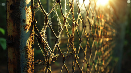 A close-up view of a rusty chain link fence, illuminated by soft sunlight filtering through the gaps. This serene image captures the essence of nature and tranquility.の素材