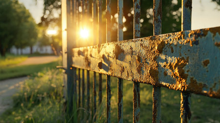 A close-up view of a rusty metal gate captures warm sunlight filtering through the trees, creating a blend of textures and serene beauty in a natural setting.の素材