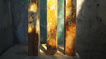 Close-up view of rusty metal bars illuminated by soft light, creating interesting shadows and showcasing textures in an urban setting.の素材